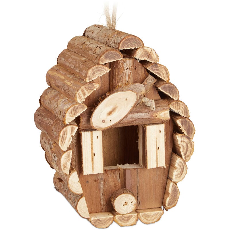 Mini maison d'oiseau, à suspendre, bois non traité, balcon, terrasse, nid décoratif de jardin, 24,5x11x8cm - Relaxdays
