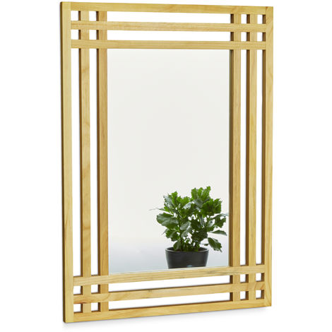   Miroir en verre avec cadre bois de pin, décoration, H x L x P : env. 70 x 50 x 2 cm, pour salle bain, nature