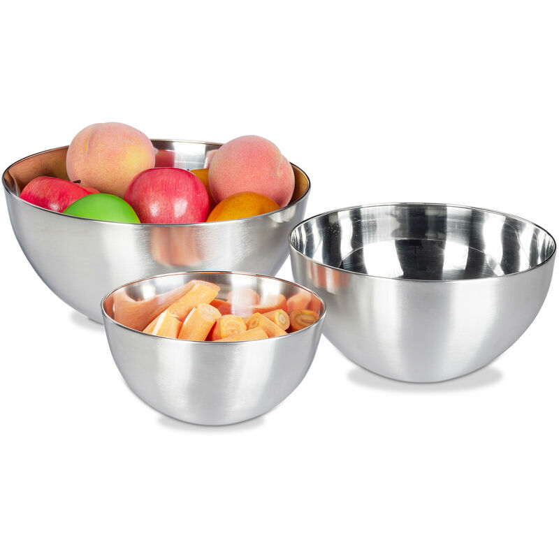 Relaxdays Mixing Bowl Set, 3 Piece, Salad, Fruit & Serving Bowl,Dishwasher-safe, Stainless Steel, Various Sizes, Nesting, Silver