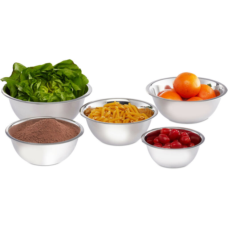 Relaxdays Mixing Bowl Set Of 5, Stainless Steel, Various Sizes, Serving Bowls, Stackable, Stainless Steel Dishes, Silver