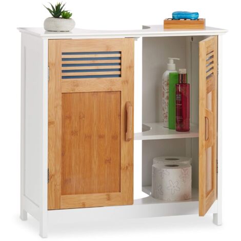Relaxdays Mobile Bagno Legno, Ante bambù, Fondo Regolabile, Incavo Sifone, Sottolavabo, Hlp: 60 X 60 X 30 Cm, Naturale/Bianco 60x60x30cm, Pannelli MDF