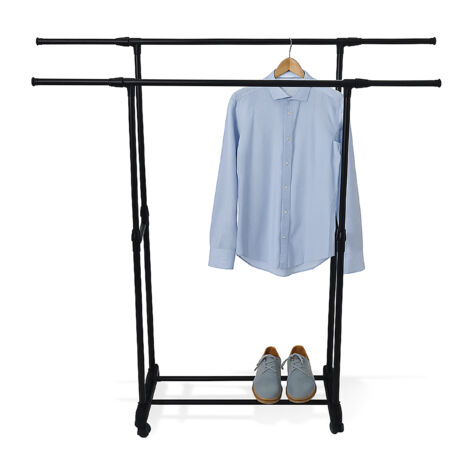 Relaxdays mobile clothes rack, with shelf, adjustable height 91–158 cm, width 89–145 cm, double rail, black
