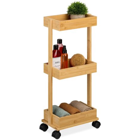 Relaxdays Mobile da Bagno con 3 Ripiani, Mobiletto su Ruote, Carrello da Cucina, 71,5x31x18 cm, Scaffale Bambù, Naturale