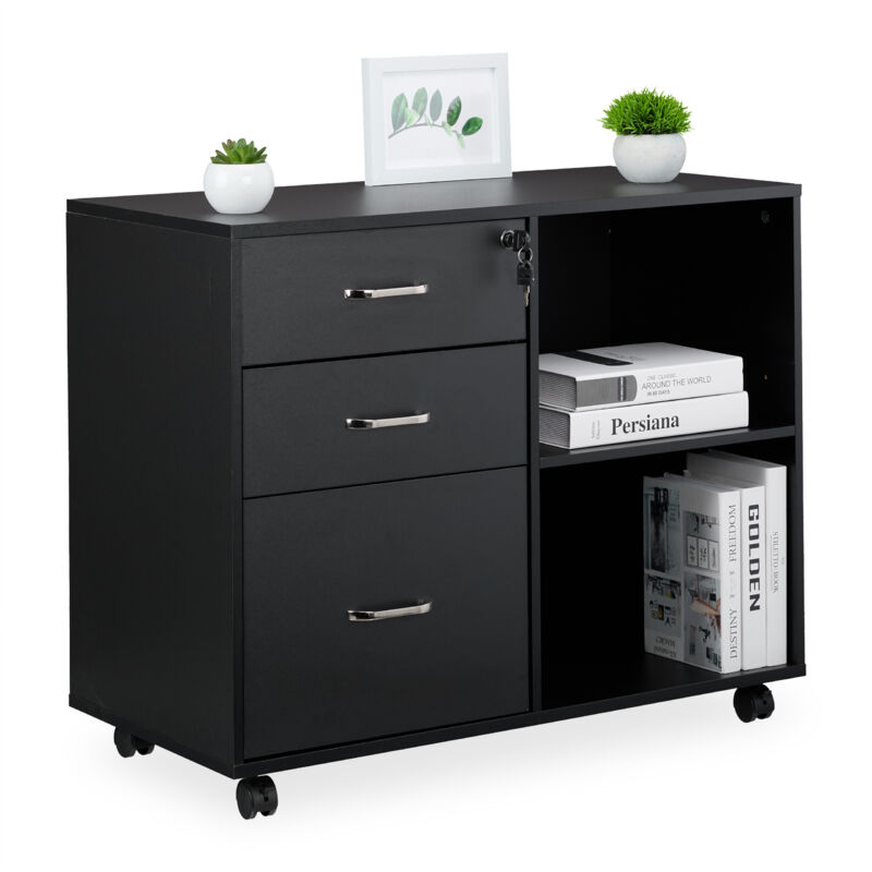 Relaxdays - Mobile Filing Cabinet, 3 Drawers, 2 Shelves, Hwd, 66 X 80 X 40 Cm, 4 Wheels, Lockable, Office Storage, Black