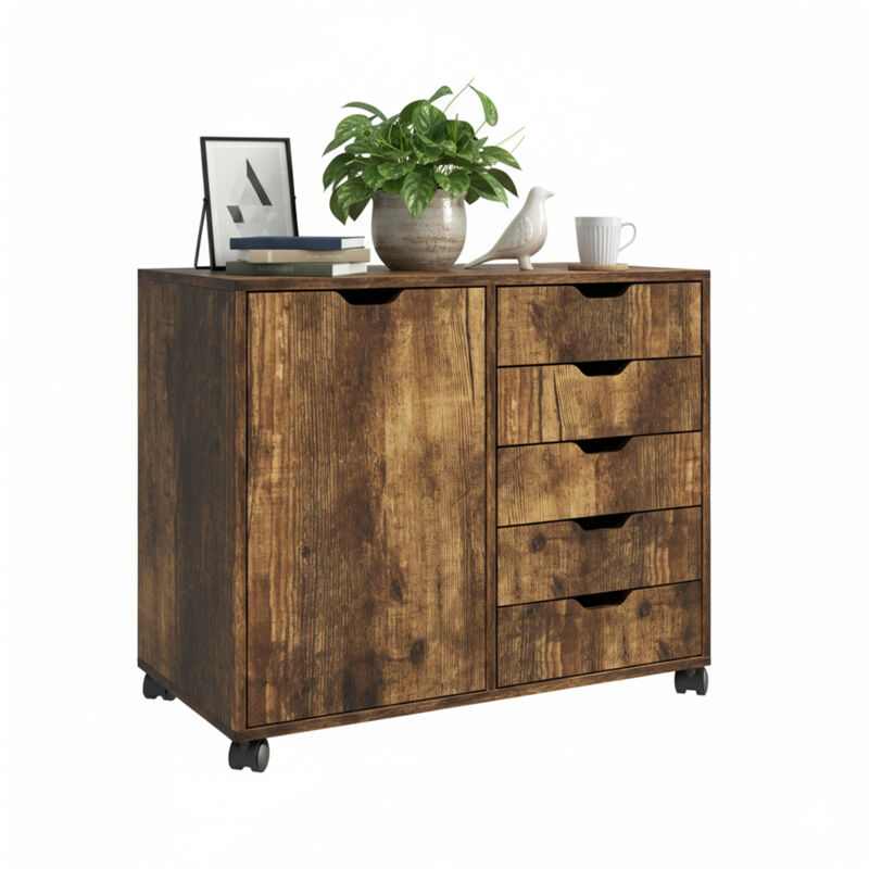 Relaxdays Mobile Storage Cabinet, 5 Drawers & 2 Compartments, Hwd, 65x78x40 Cm, Office Cabinet With Wheels, Brown