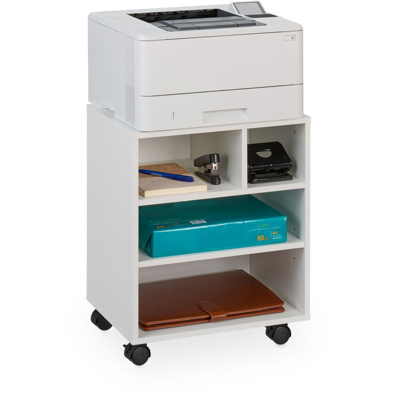 Relaxdays - Mobile Filing Cabinet, 4 Compartments, Office Storage, Printer Stand On Wheels, Hwd, 49 X 40 X 30 Cm, White