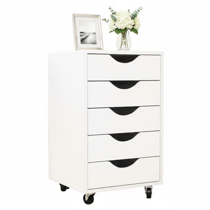 Relaxdays Roll Container, 5 Drawers, H X W X D, 66.5x40x40cm, Filing Cabinet On Castors, Under-desk Cabinet, White
