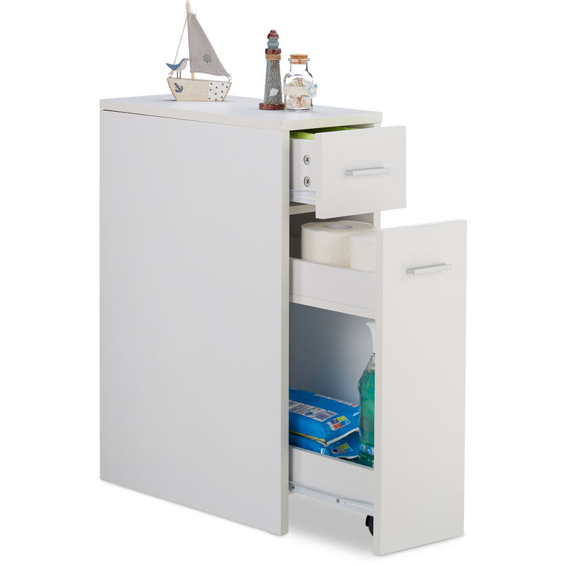 Mobile Salvaspazio Alto & Stretto, 2 Cassetti, Bagno, Cucina, Salotto, Compatto a Colonna,61,5x20x45 cm,bianco - Relaxdays