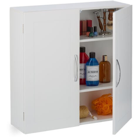Relaxdays Mobiletto da Bagno Pensile, 3 Ripiani e 2 Ante in MDF, Armadietto Sospeso da Parete, HLP: 60x60x20 cm, Bianco