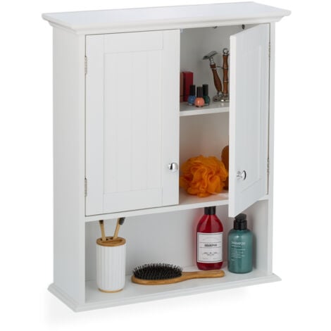 Relaxdays Mobiletto da Bagno Pensile, 3 Ripiani e Anta in MDF, Armadietto Shabby da Parete, HLP: 70,5x60x20 cm, Bianco