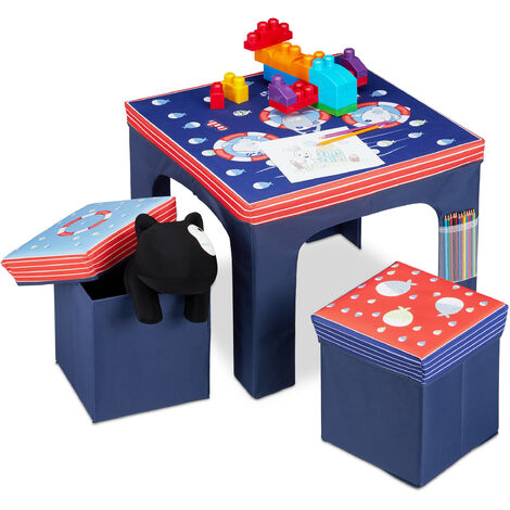   Mobiliario infantil plegable, Taburetes de almacenamiento, Mesa infantil, Azul