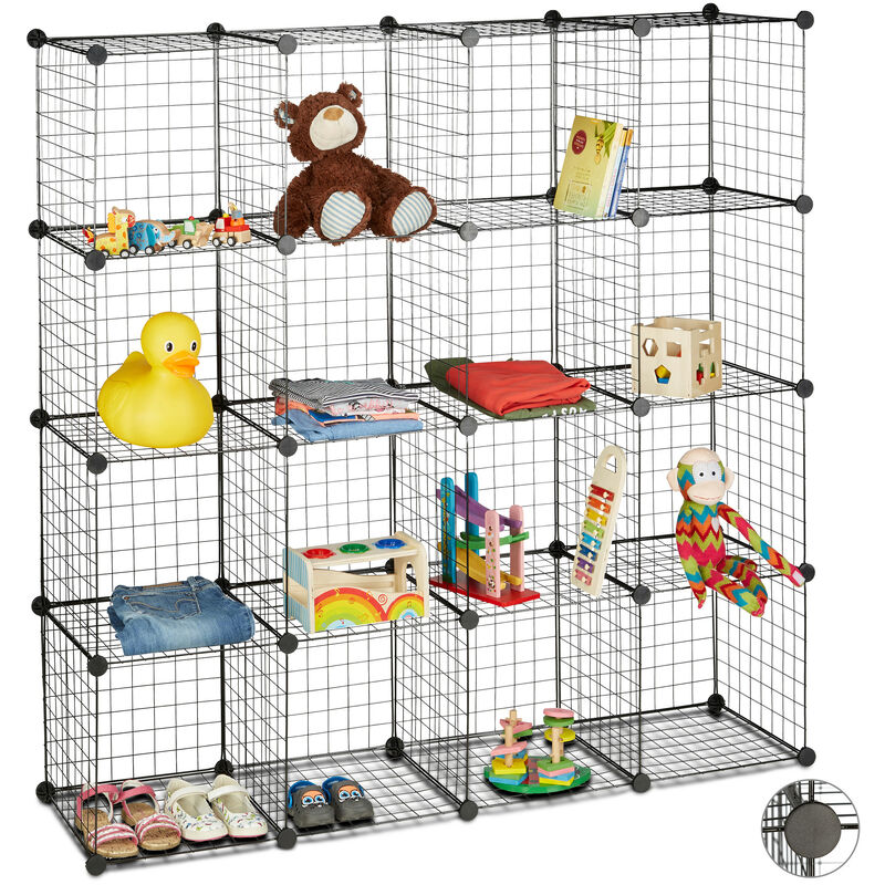 Modular Grid Shelf, 16 Compartments, Cube Shelf, Open Cabinet Storage System, 35 x 35 cm, diy Metal Rack, Black - Relaxdays