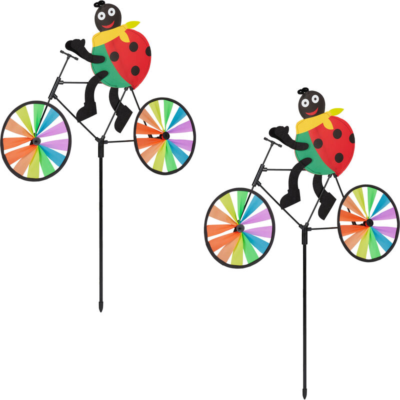 Relaxdays - Moulin à vent en lot de 2, coccinelle sur un vélo, hlp : env. 75,5 x 52 x 4 cm, jardin et balcon, multicolore