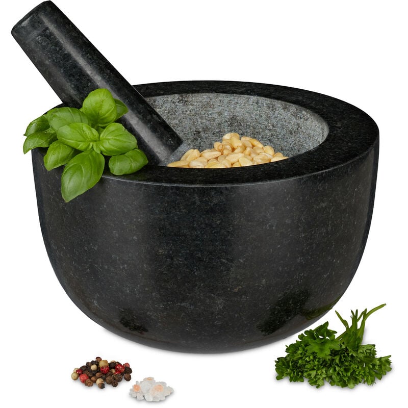 Relaxdays - Mortar with Pestle, Spices, Herbs, Polished Stone Mortar, ø 20 cm, 750 ml Volume, Granite, Dark Grey