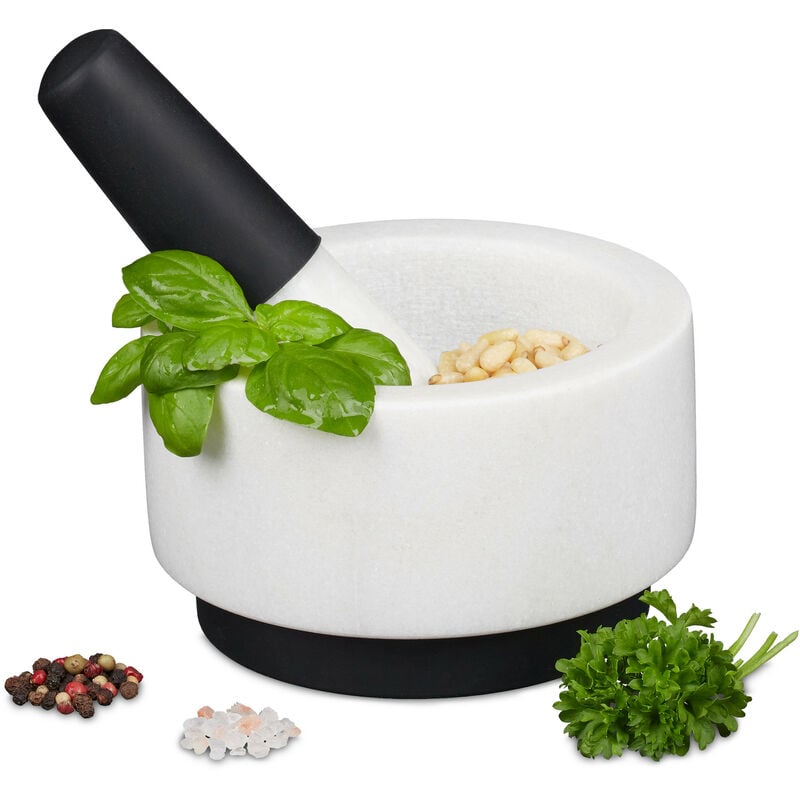 Relaxdays - Mortar with Pestle, Spices, Herbs, Polished Stone Mortar, ø 14 cm, Marble, White