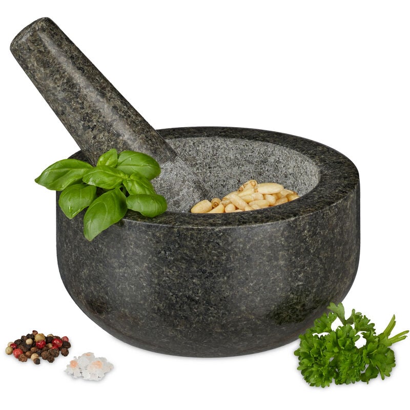 Relaxdays - Mortar with Pestle, Spices, Herbs, Polished Stone Mortar, ø 16 cm, Vol. 400 ml, Granite, Grey