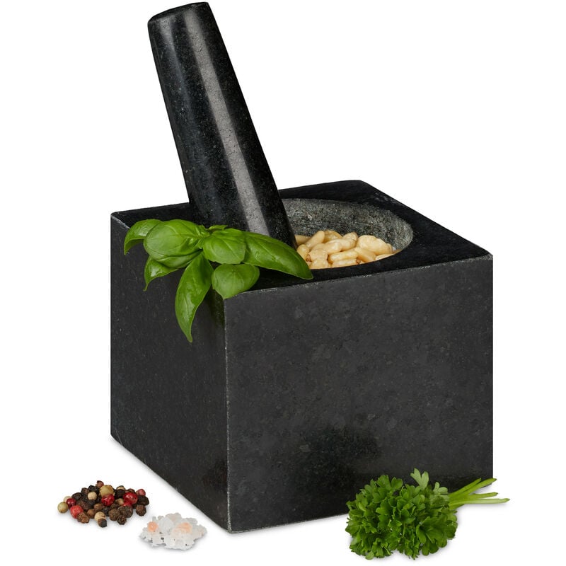 Relaxdays - Mortar with Pestle, Spices, Herbs, Polished Stone Mortar, 9.5 x 11 x 11 cm, Vol. 250 ml, Granite, Grey