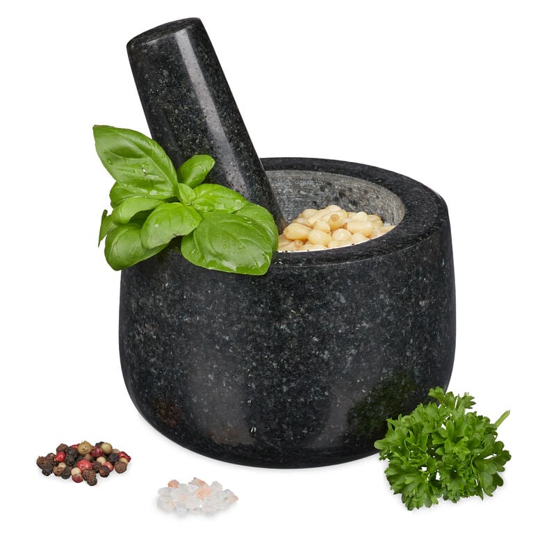 Relaxdays - Mortier en granit avec pilon, robuste, pour épices, herbes, mortier en pierre polie, d. 12 cm, 300 ml, gris
