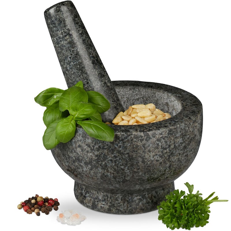 Relaxdays - Mortier en granit avec pilon, robuste, pour épices, herbes, mortier en pierre polie, d. 13 cm, 250 ml, gris
