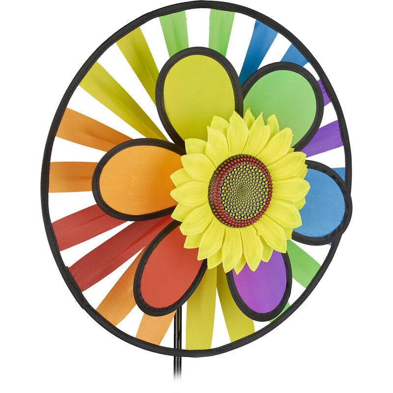 Relaxdays - Moulin à vent avec 2 roues, jeu de vent avec fleur décorative, pour jardin et balcon, hlp 92x34x14 cm, coloré