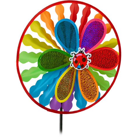 Moulin à vent, réfléchissant, jardin et balcon, HLP 84,5 x 34,5 x 12 cm, repousse-oiseaux, arc-en-ciel, coloré