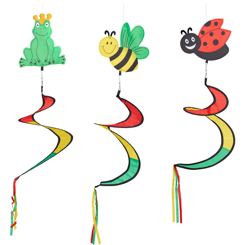 Moulin à vent en spirale, Set de 3, Motif animaux, Jardin et balcon, multicolore - Relaxdays