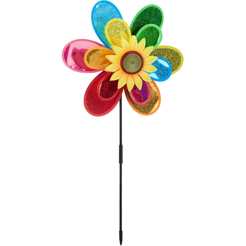 Moulin à vent Fleur, lot de 4, Carillon à vent jouet enfant jardin balcon épouvantail HxlxP 74,5 x 37,5 x 14 cm, coloré