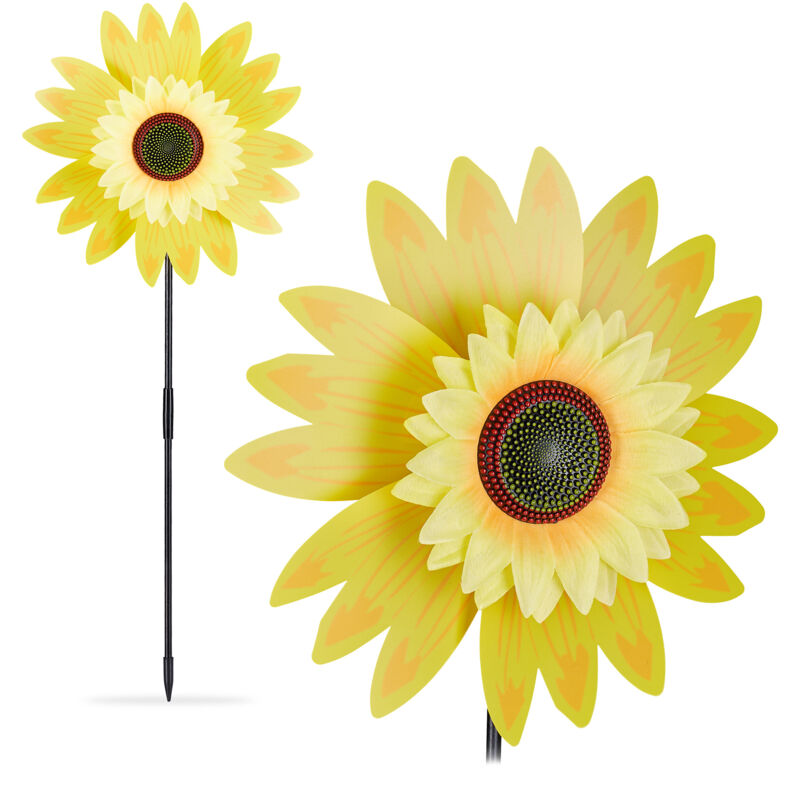 Relaxdays - Moulin à vent fleur, lot de 2, déco tournesol, enfants, balcon, terrasse, jardin, à planter, 70 cm, jaune