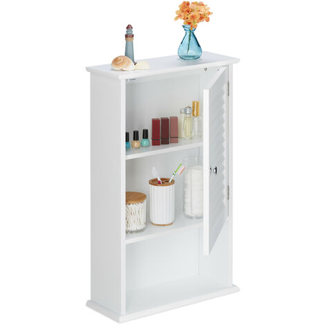 Relaxdays Mueble de Baño Colgante con Puerta Persiana, 3 Niveles, Poca Profundidad, 70 x 42 x 16,5 cm, Compacto, Blanco