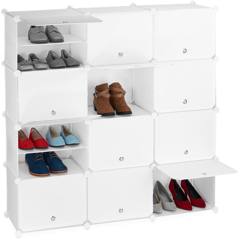Tagère à chaussures, 24 compartiments, 12 portes, plastique et métal, HxLxP : env. 125 x 125 x 32 cm, blanche - Relaxdays
