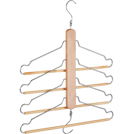 Relaxdays Multi Clothes Hanger, Holder with 4 Flexible Coat Hangers, Organiser, Metal Hooks, Lotus Wood, Natural