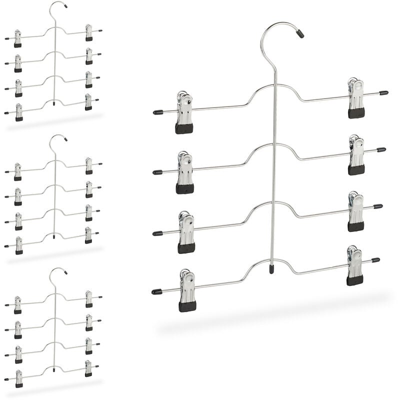 Set of 4 Relaxdays Multi Coat Hangers, Holder for Skirts or Pants with Clips, Compact, Non-Slip, Silver