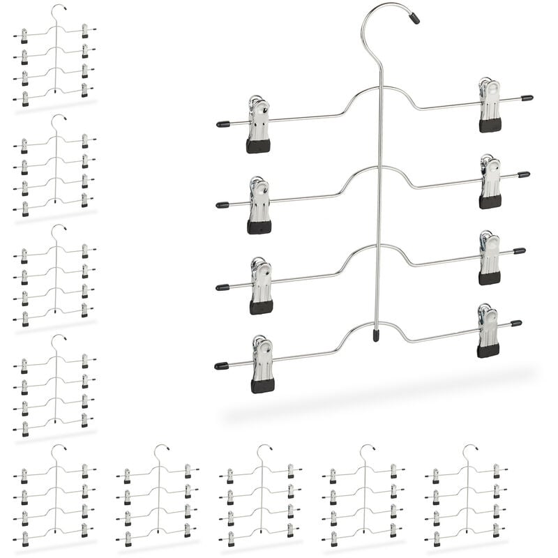 Set of 10 Relaxdays Multi Coat Hangers, Holder for Skirts or Pants with Clips, Compact, Non-Slip, Silver