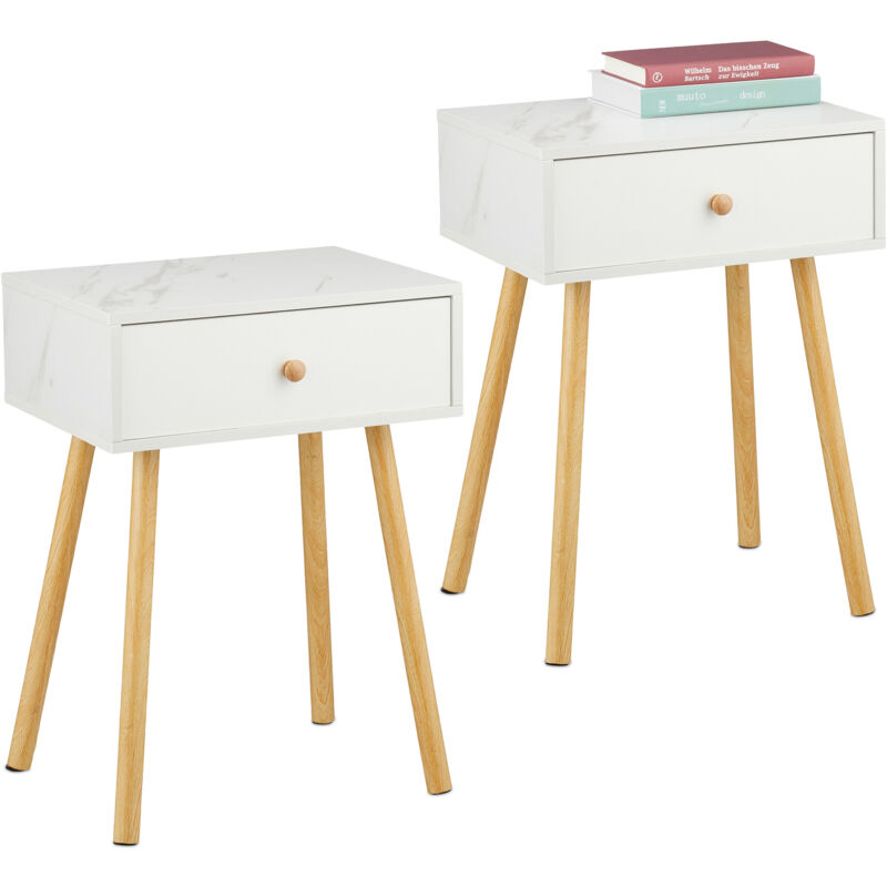 Nachttisch, 2er Set, Schublade, Marmor- & Holzoptik, Hbt, 55x40x32 Cm, Schlafzimmer, Nachtschrank, Weiß/natur - Relaxdays