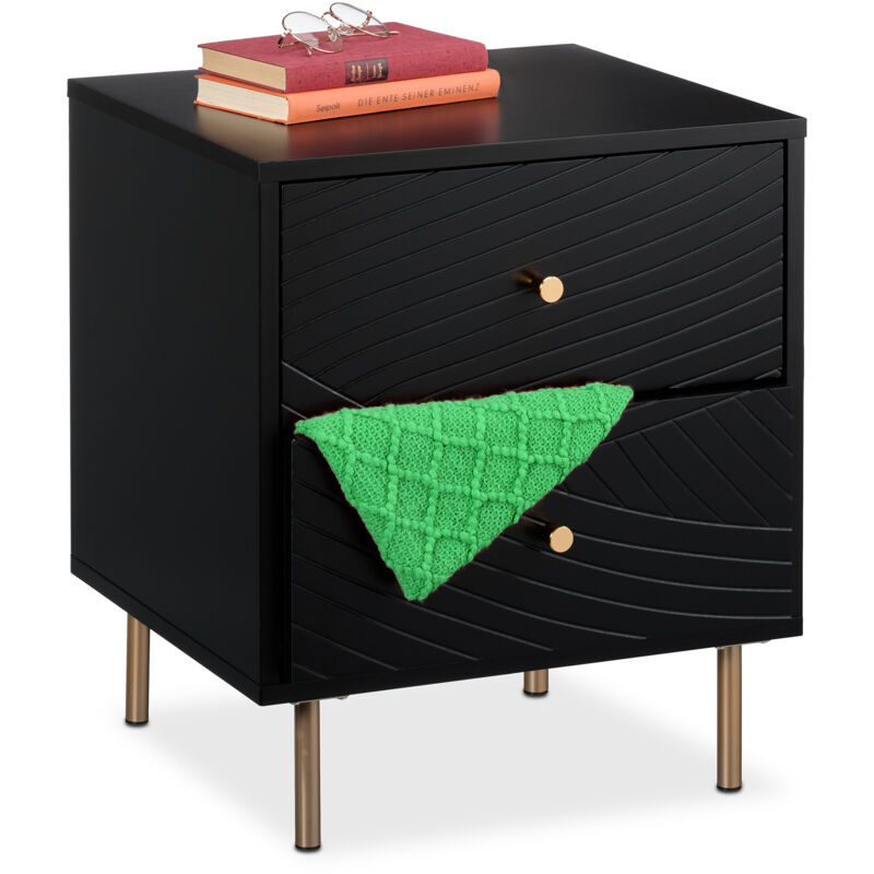 Nachttisch, 2 Schubladen, Nachtschrank Schlafzimmer, Beistelltisch, Nachtkasten, Hbt 52x45x40 Cm, Schwarz/gold - Relaxdays