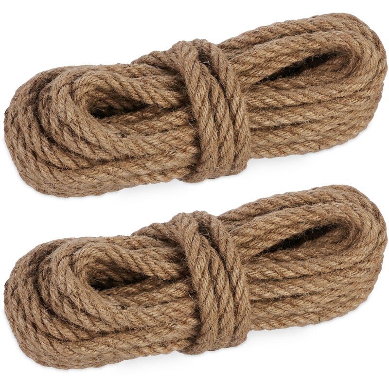 Natural Rope, 2x Set, Jute, Plant, Twine, Handicraft, Garden Decorations, Hessian Thread, 10mm Thick, 10m Long - Relaxdays