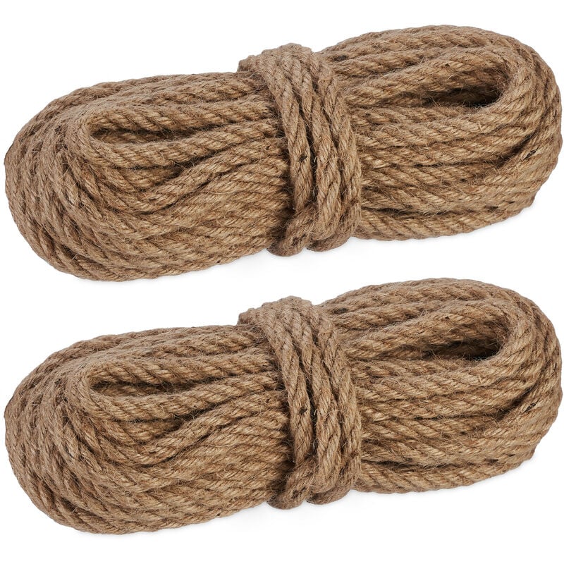 Natural Rope, 2x Set, Jute, Plant, Twine, Handicraft, Garden Decorations, Hessian Thread, 10mm Thick, 15m Long - Relaxdays