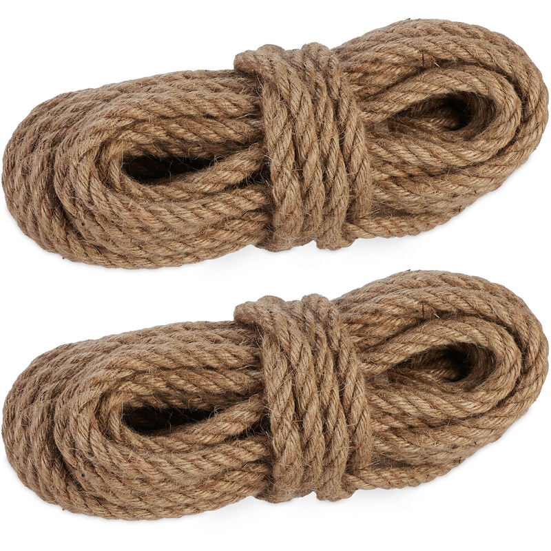 Natural Rope, 2x Set, Jute, Plant, Twine, Handicraft, Garden Decorations, Hessian Thread, 12mm Thick, 10m Long - Relaxdays