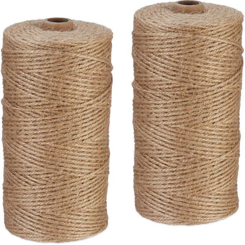 Natural Rope, 2x Set, Jute, Plant, Twine, Handicraft, Garden Decorations, Hessian Thread, 2mm Thick, 250m Long - Relaxdays
