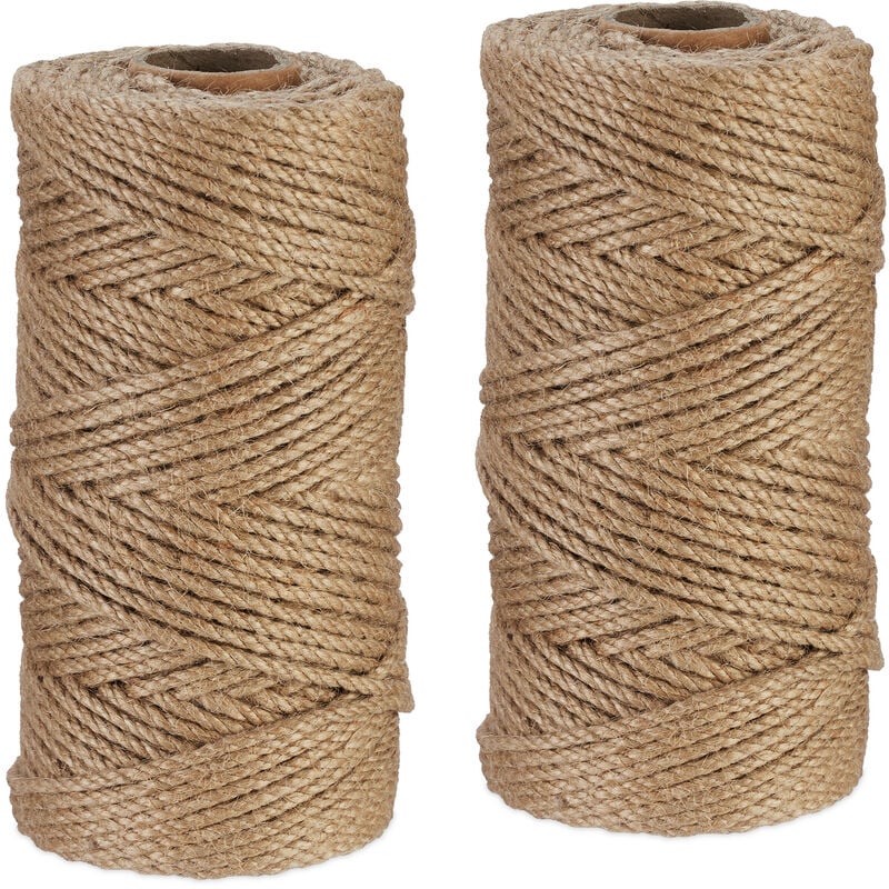 Natural Rope, 2x Set, Jute, Plant, Twine, Handicraft, Garden Decorations, Hessian Thread, 4mm Thick, 100m Long - Relaxdays