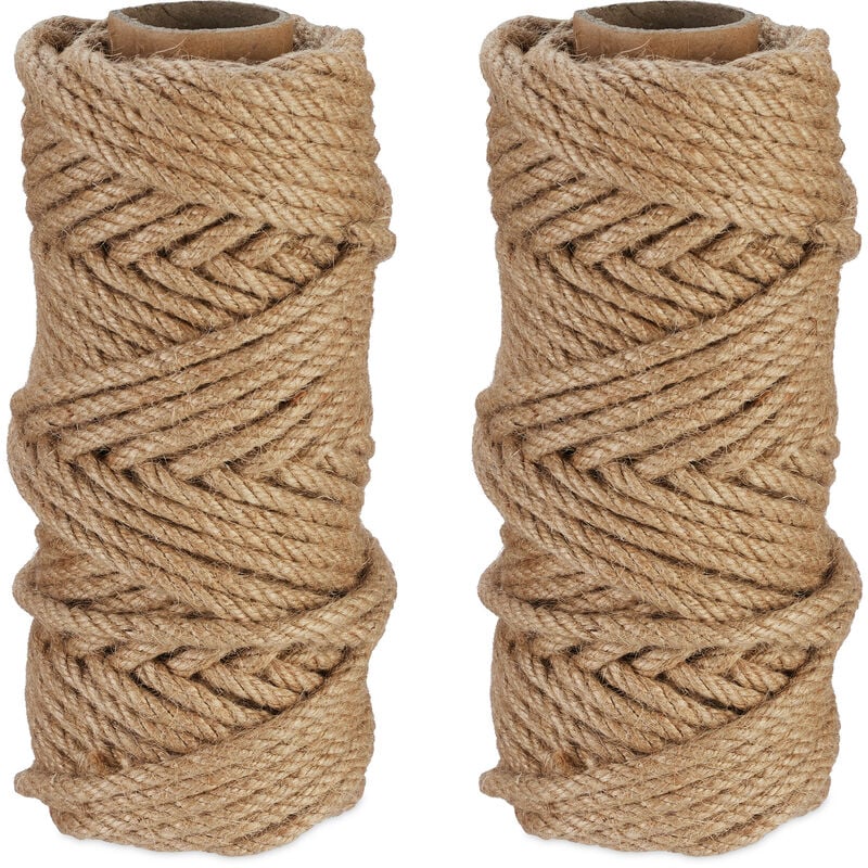 Natural Rope, 2x Set, Jute, Plant, Twine, Handicraft, Garden Decorations, Hessian Thread, 6mm Thick, 30m Long - Relaxdays