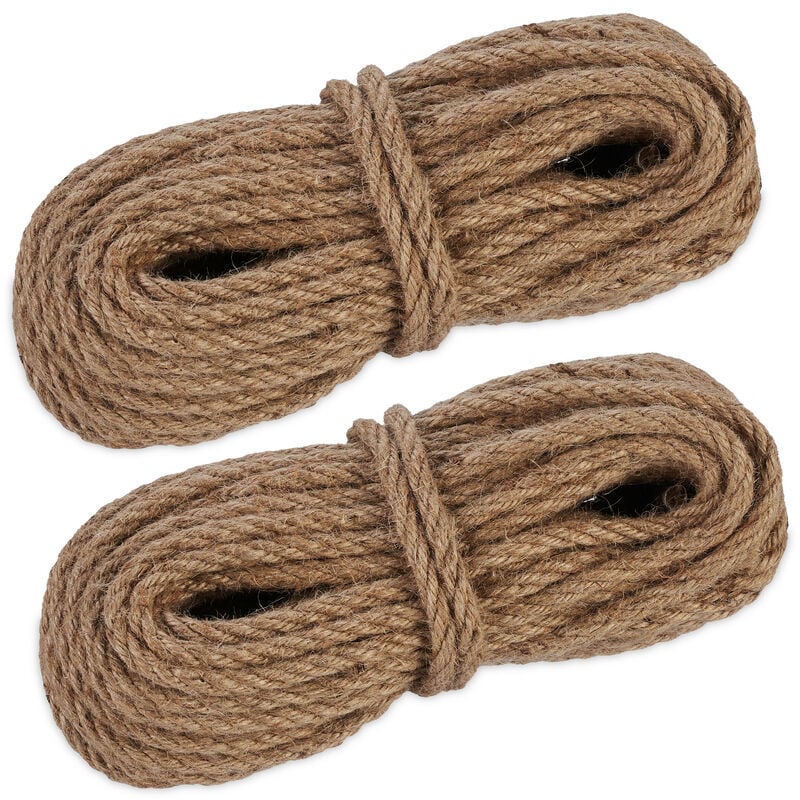 Natural Rope, 2x Set, Jute, Plant, Twine, Handicraft, Garden Decorations, Hessian Thread, 8mm Thick, 20m Long - Relaxdays