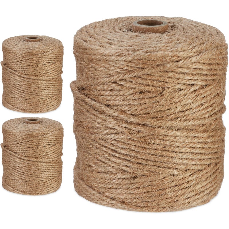 Relaxdays Natural Rope, 3x Set, Jute, Plant, Twine, Handicraft, Garden Decorations, Hessian Thread, 3mm Thick, 100m Long