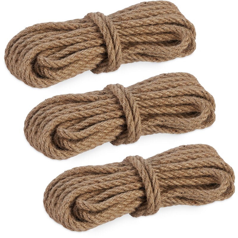 Natural Rope, 3x Set, Jute, Plant, Twine, Handicraft, Garden Decorations, Hessian Thread, 8mm Thick, 10m Long - Relaxdays