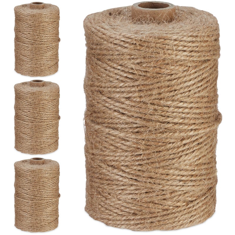 Natural Rope, 4x Set, Jute, Plant, Twine, Handicraft, Garden Decorations, Hessian Thread, 2mm Thick, 100m Long - Relaxdays