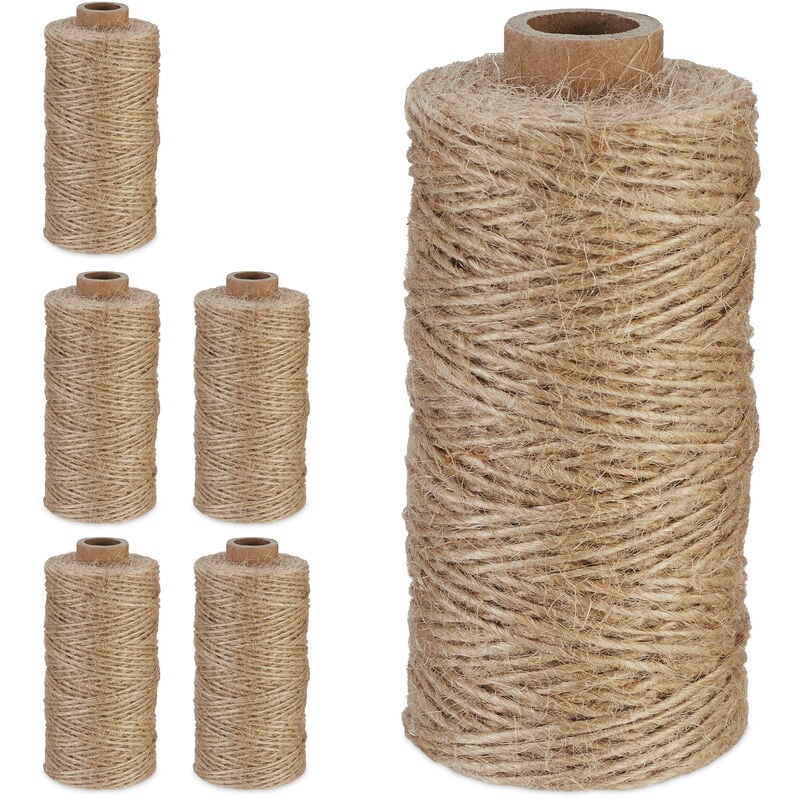 Natural Rope, 6x Set, Jute, Plant, Twine, Handicraft, Garden Decorations, Hessian Thread, 1mm Thick, 100m Long - Relaxdays