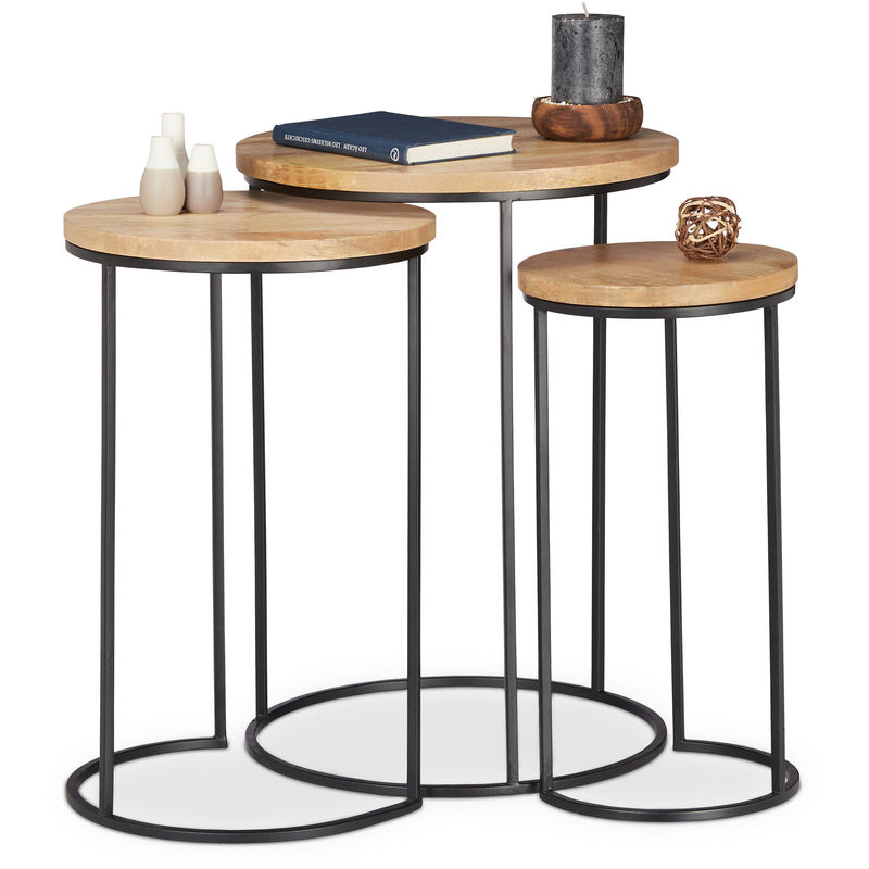 Nested Side Tables Set of 3, Round Tabletops, 3 Sizes, Metal and Mango Wood, Side Table, Natural - Relaxdays