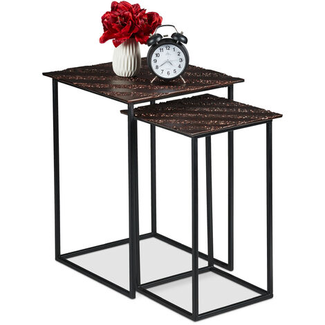 Relaxdays Nesting Table Set of 2, Retro Design, Square, Living Room, Metal, Side Table, H: 50.5 & 55.5 cm, Copper/Black