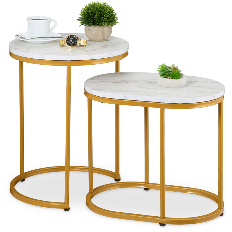 Relaxdays - Nesting Tables, 2-piece Set, 2 Sizes, Marble Effect, Metal Legs, Round & Oval, Living Room, Sofa, White/gold