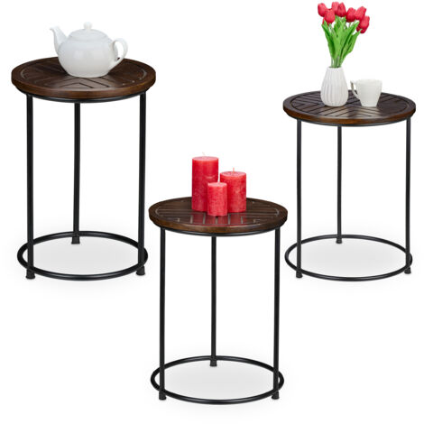 Relaxdays Nesting Tables, Set of 3, Mango Wood and Iron, Round Side-Tables, for Living Room or Hallway, Brown/Black